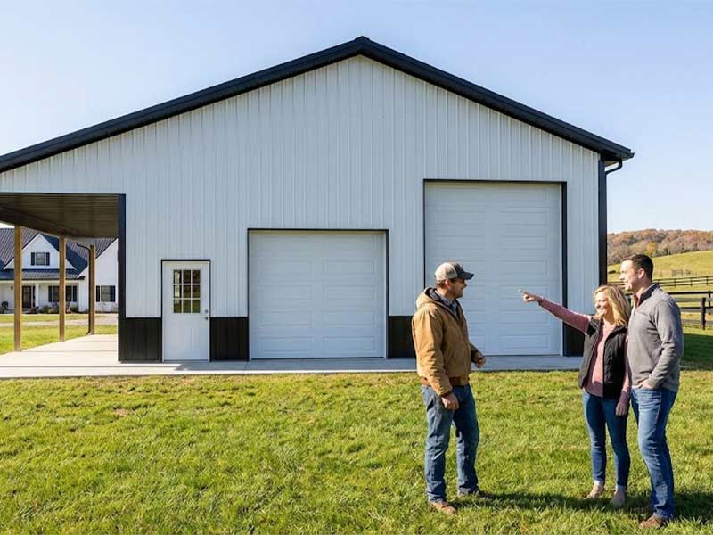 Couple talking with a builder outside a white steel building with two overhead doors