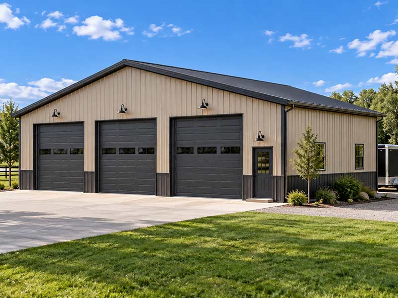 Tan steel shop with three dark overhead doors and a wide concrete apron