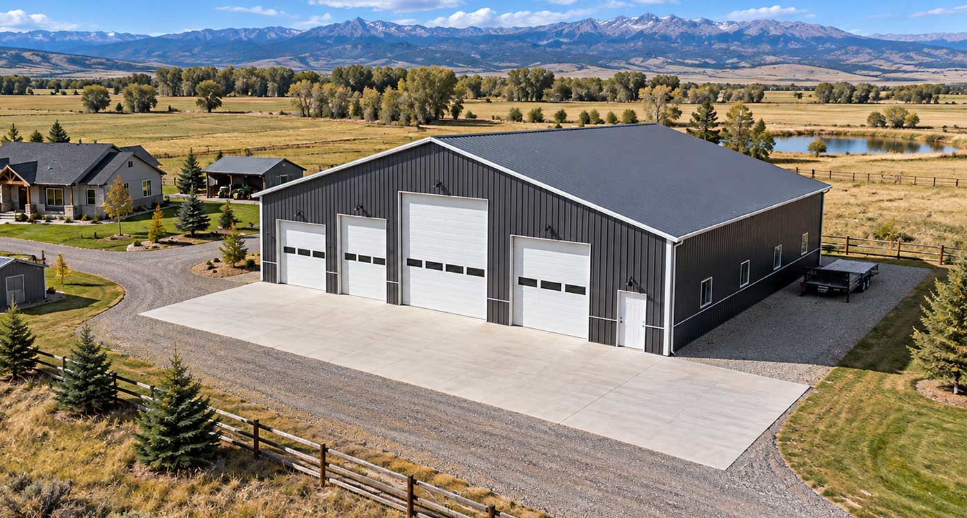 Aerial view of a gray metal shop with four white overhead doors and a concrete apron on acreage