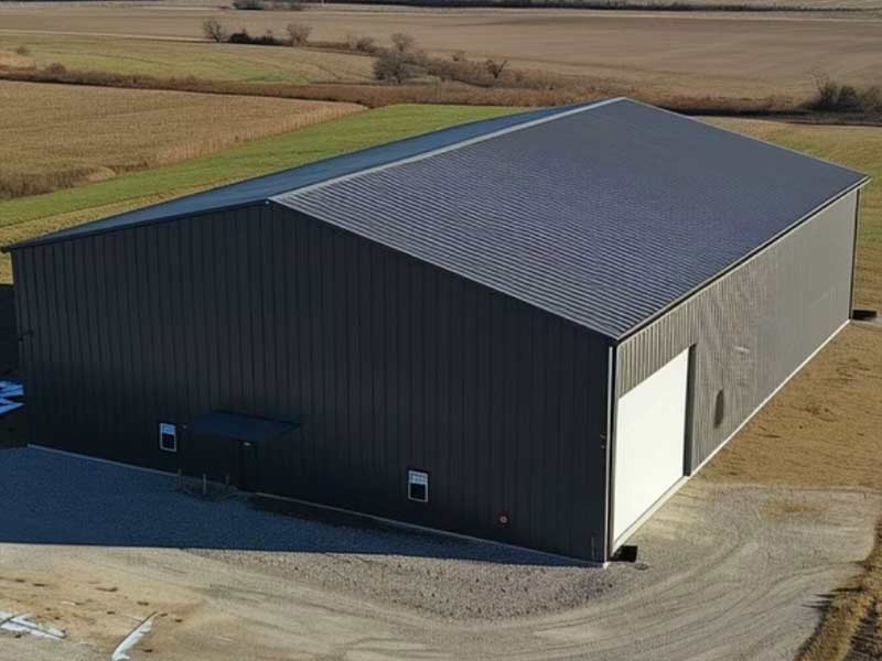 Aerial view of a dark gray steel building beside farm fields