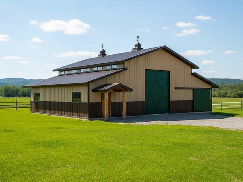 Tan post-frame barn with a cupola, green doors and a covered entry on a lawn