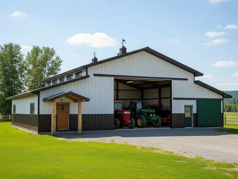 White post-frame barn with tractors parked inside its open center door