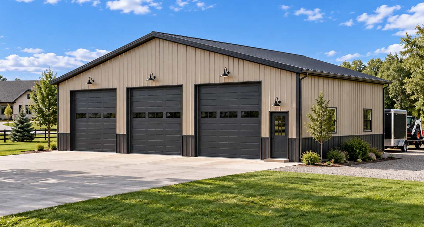 Tan post-frame building with three dark overhead doors and a concrete drive