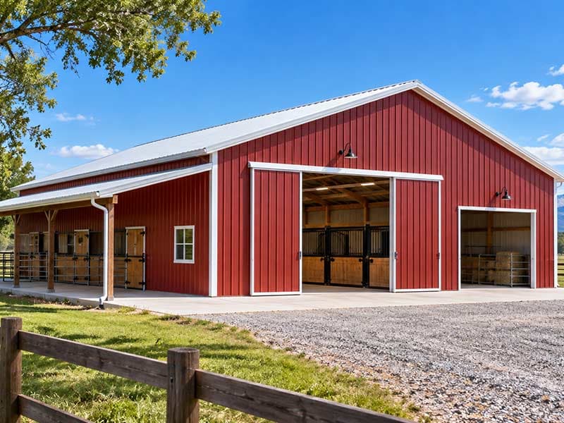 Red post-frame barn with sliding doors open to an interior stall aisle