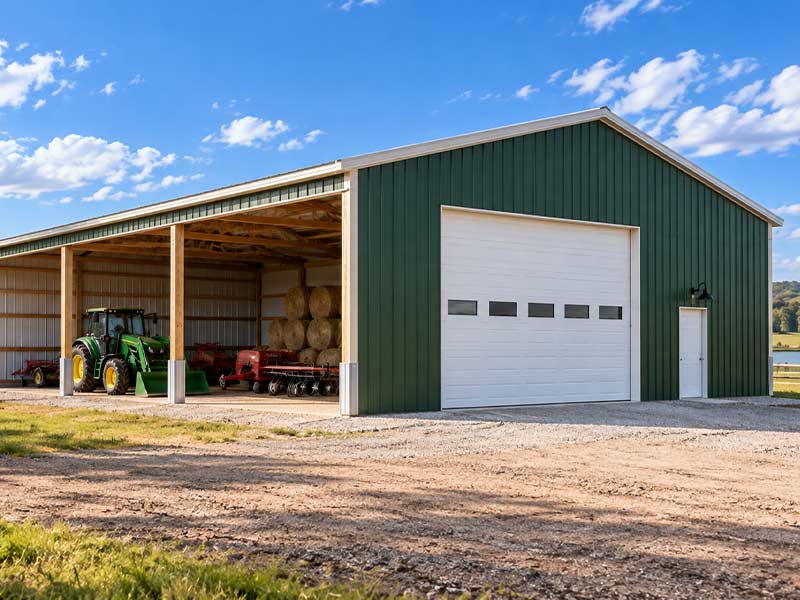 Green post-frame building with an open bay for a tractor and round hay bales