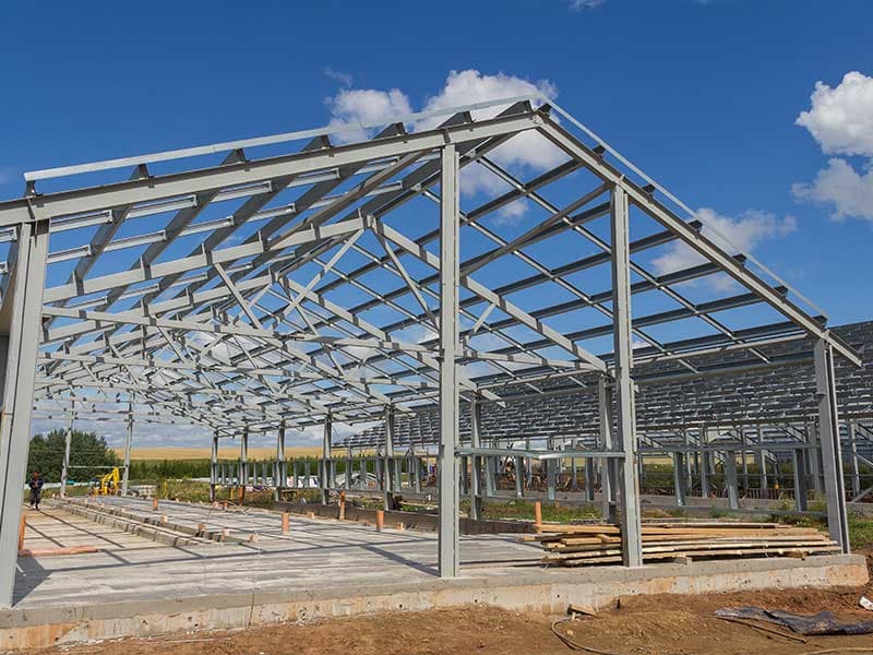Light-gauge steel building frame on a new slab, before panels go on